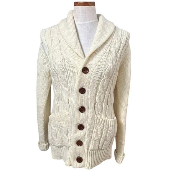 Vintage Wickbury Cable Knit Cardigan S Cream Shawl Collar Wood Buttons Cozy - Picture 1 of 10